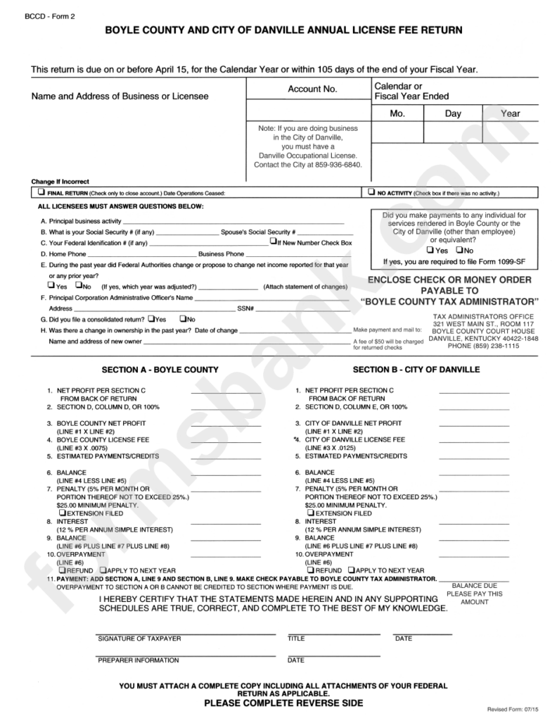 Form 2 Boyle County And City Of Danville Annual License Fee Return 