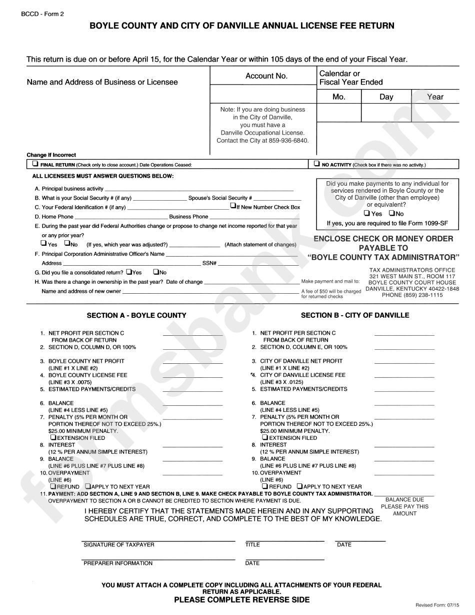 Form 2 Boyle County And City Of Danville Annual License Fee Return