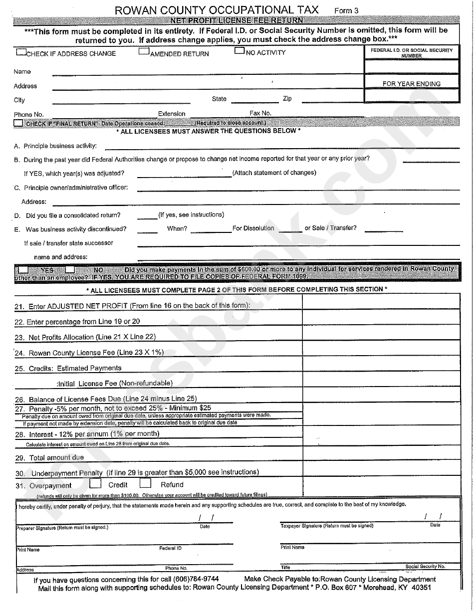 Form 3 Rowan County Occupational Tax Printable Pdf Download