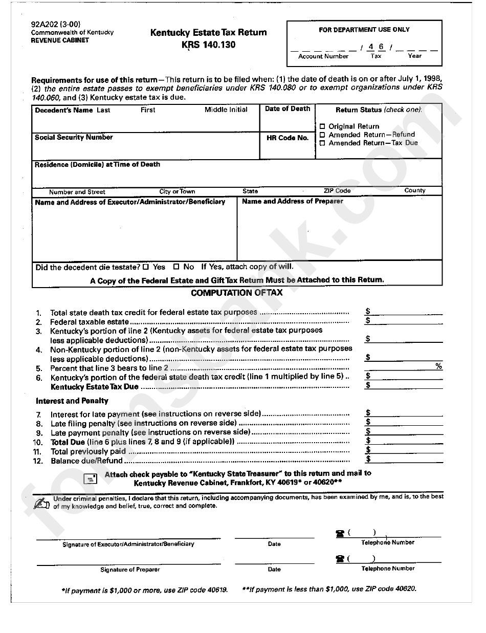 Form 92a202 Kentucky Estate Tax Form Printable Pdf Download