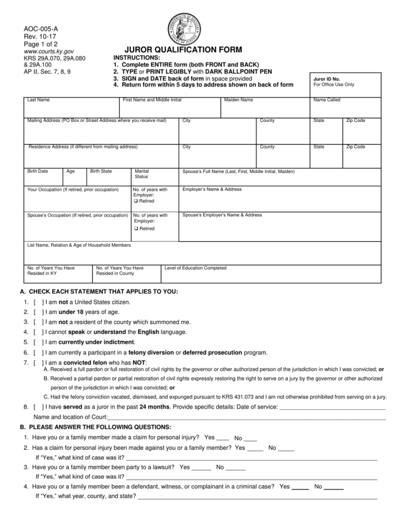 Form AOC 005 A Download Printable PDF Or Fill Online Juror 