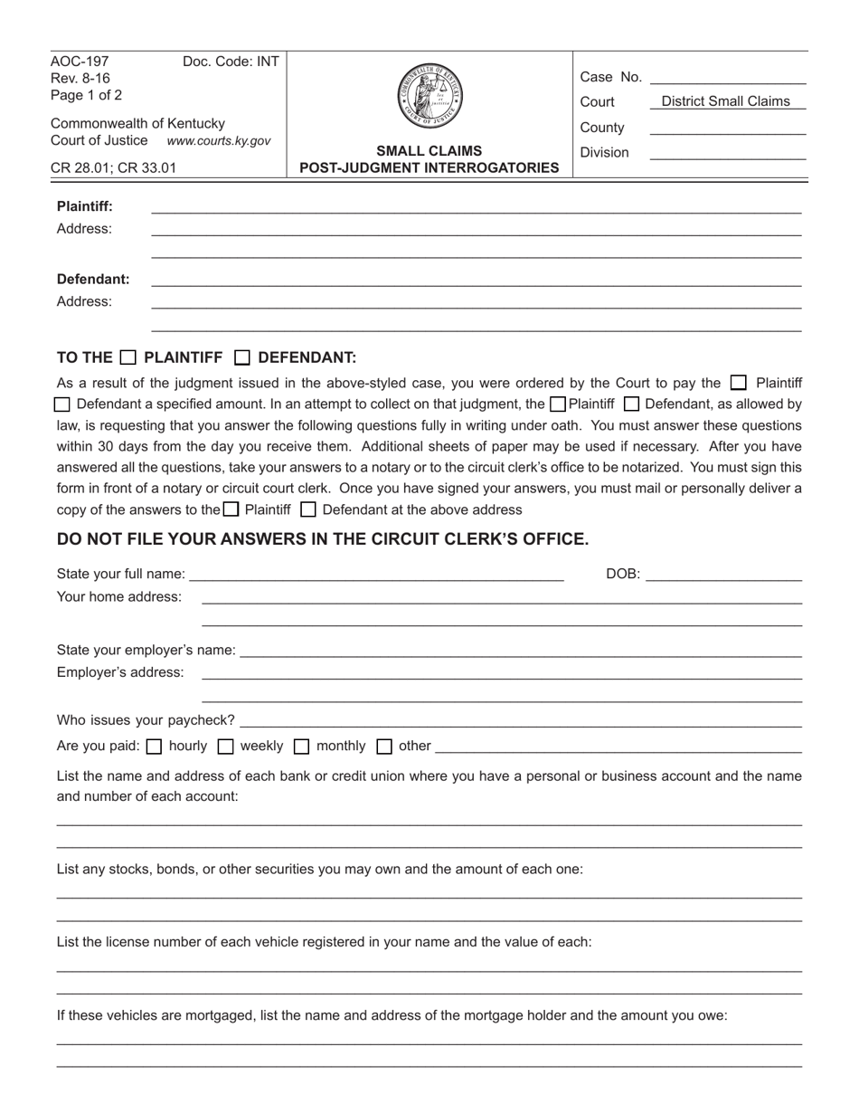 Form AOC 197 Download Fillable PDF Or Fill Online Small Claims Post