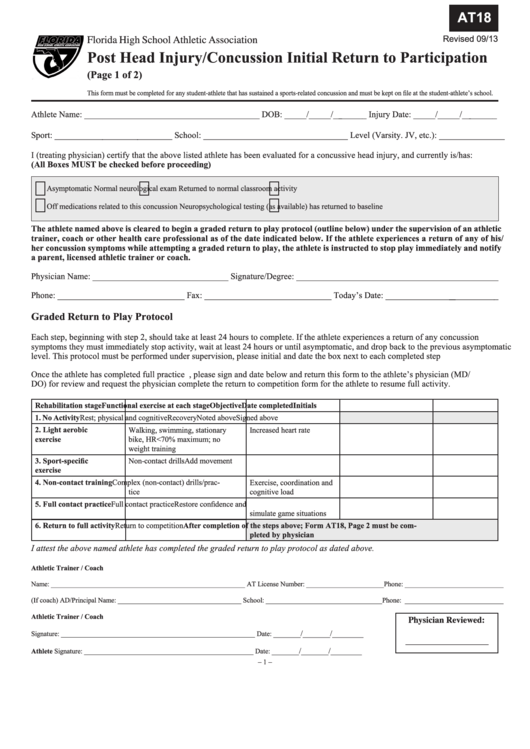 Form At18 Post Head Injury concussion Initial Return To Participation 