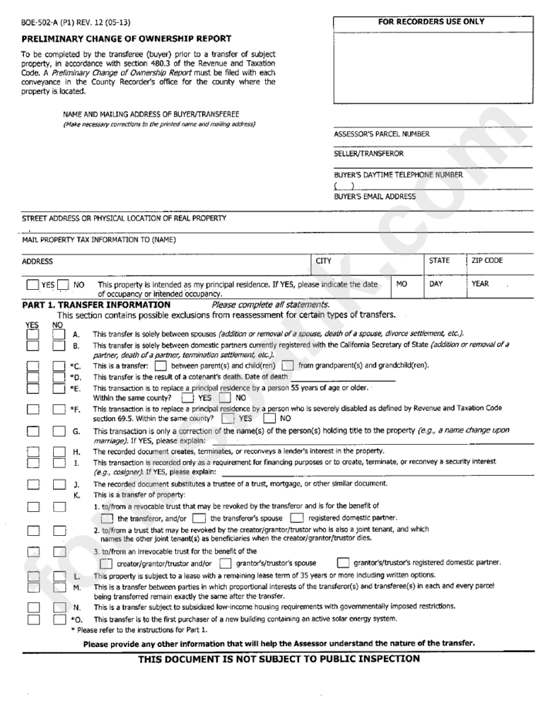 Form Boe 502 A P1 Preliminary Change Of Ownership Report 2013 