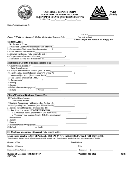 Form C 02 Combined Report Form Multnomah County Business Income Tax 