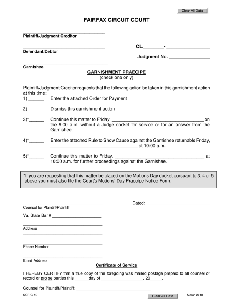 Form CCR G 40 Download Fillable PDF Or Fill Online Garnishment Praecipe 