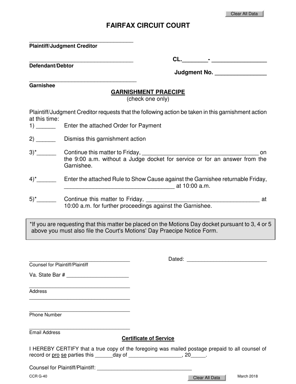 Form CCR G 40 Download Fillable PDF Or Fill Online Garnishment Praecipe