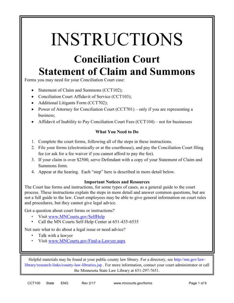 Form CCT100 Download Printable PDF Or Fill Online Conciliation Court 