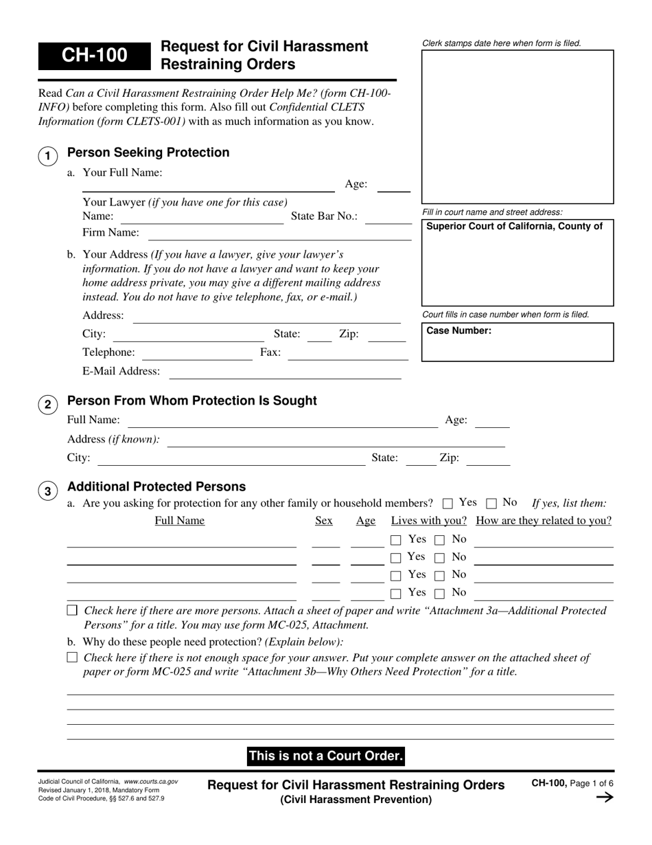 Form CH 100 Download Fillable PDF Or Fill Online Request For Civil 