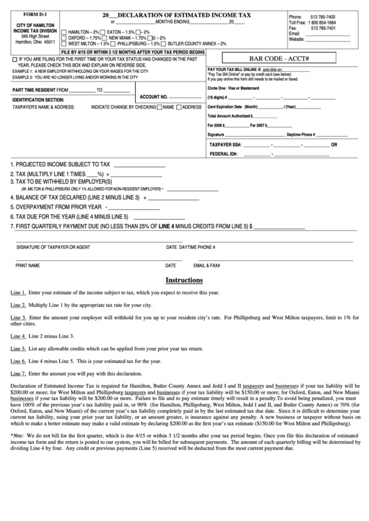 Form D 1 Declaration Of Estimated Income Tax City Of Hamilton 