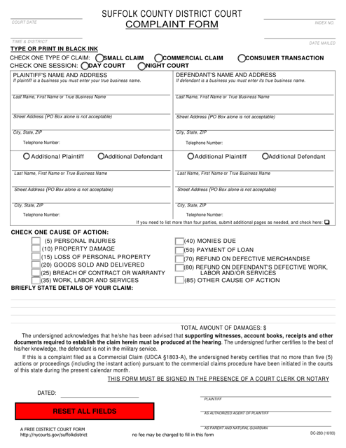 Form DC 283 Download Fillable PDF Or Fill Online Complaint Form Suffolk 