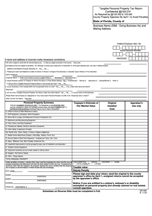 Form Dr 405 Tangible Personal Property Tax Return 2001 Printable Pdf 