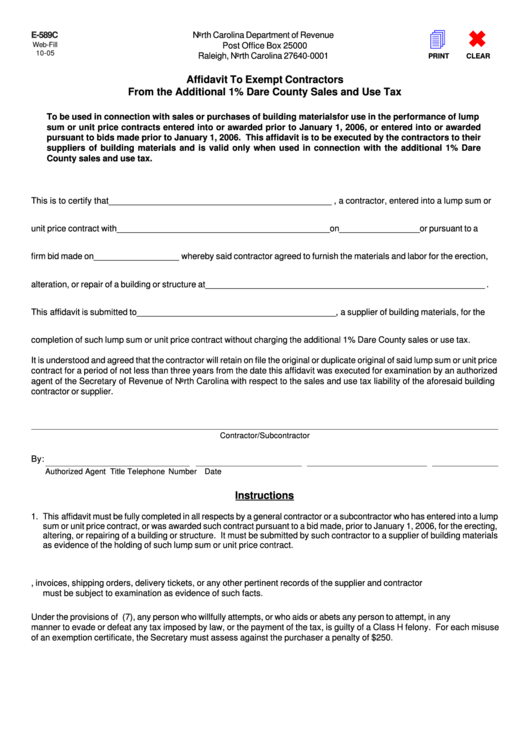 Form E 589c Affidavit To Exempt Contractors From The Additional 1 