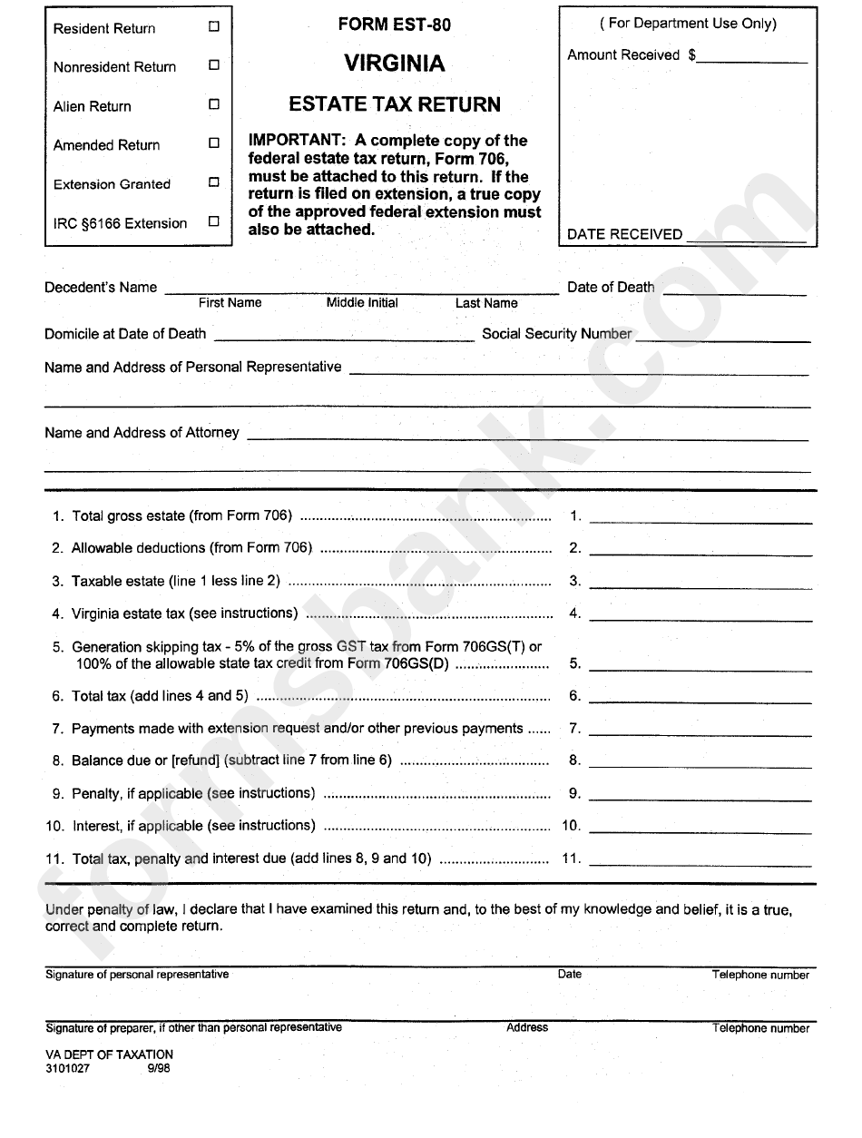 Form Est 80 Virginia Estate Tax Return Printable Pdf Download ...