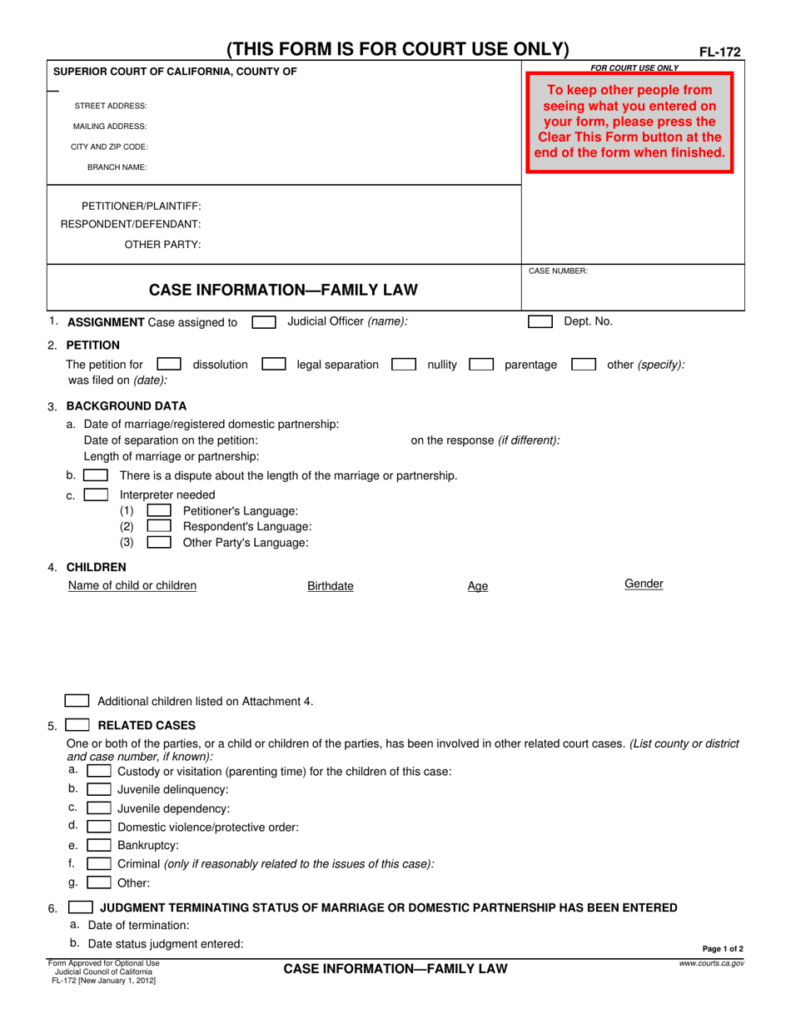 Form FL 172 Download Fillable PDF Or Fill Online Case Information 