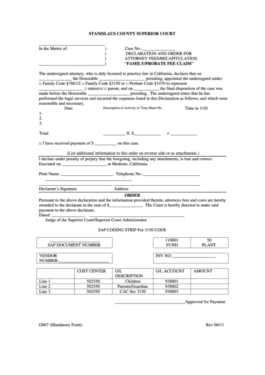 Form G007 Family probate Fee Claim Stanislaus County Superior Court 