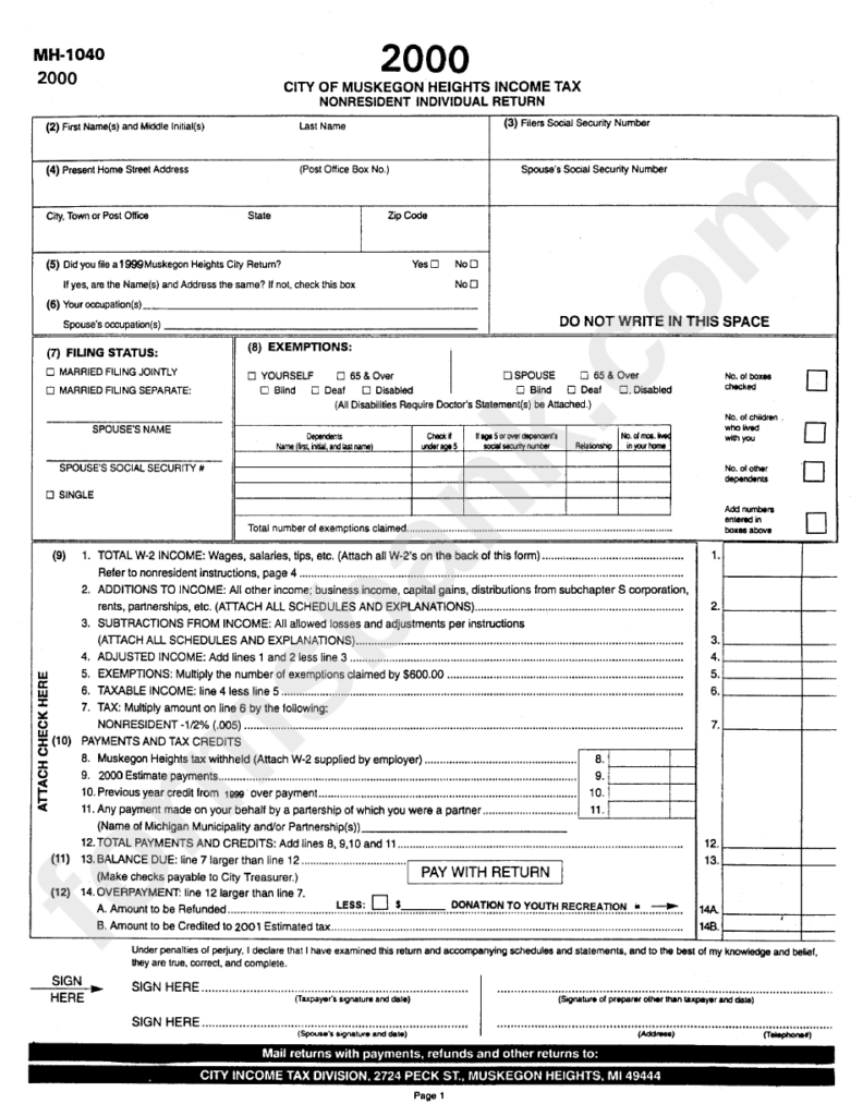 Form Mh 1040 Nonresident Individual Return City Of Muskegon 2000 