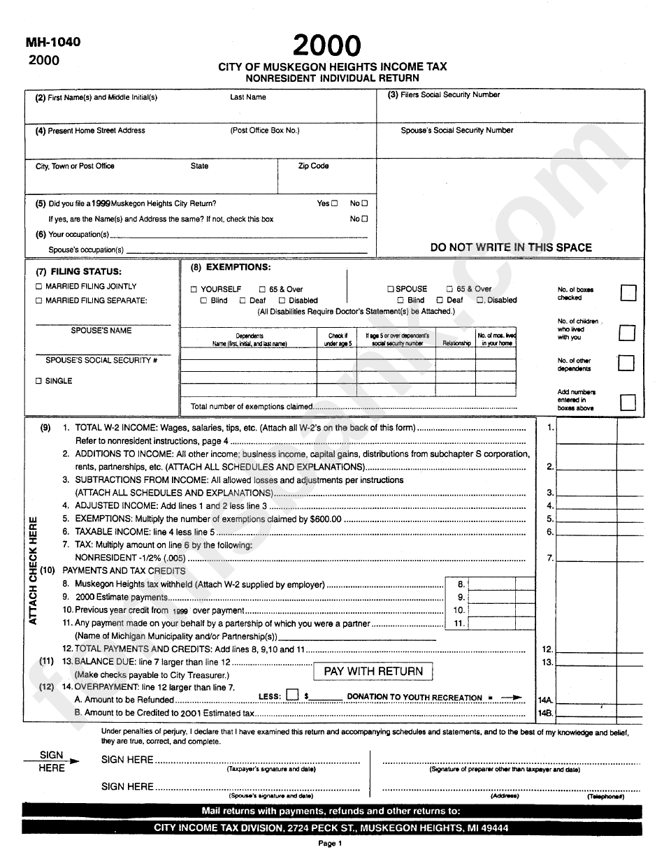 Form Mh 1040 Nonresident Individual Return City Of Muskegon 2000