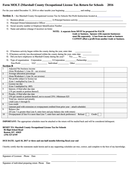 Form Molt 2 Marshall County Occupational License Tax Return For