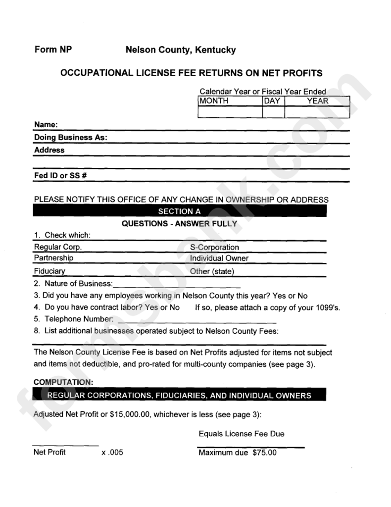 Form Np Occupational License Fee Returns On Net Profits Printable Pdf 