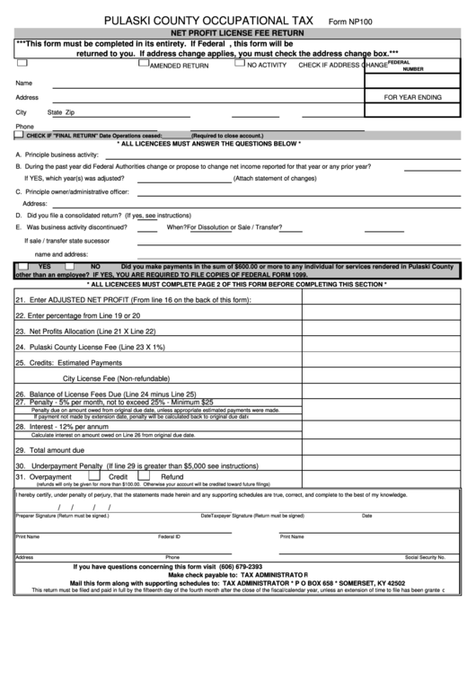 Form Np100 Net Profit License Fee Return Pulaski County 