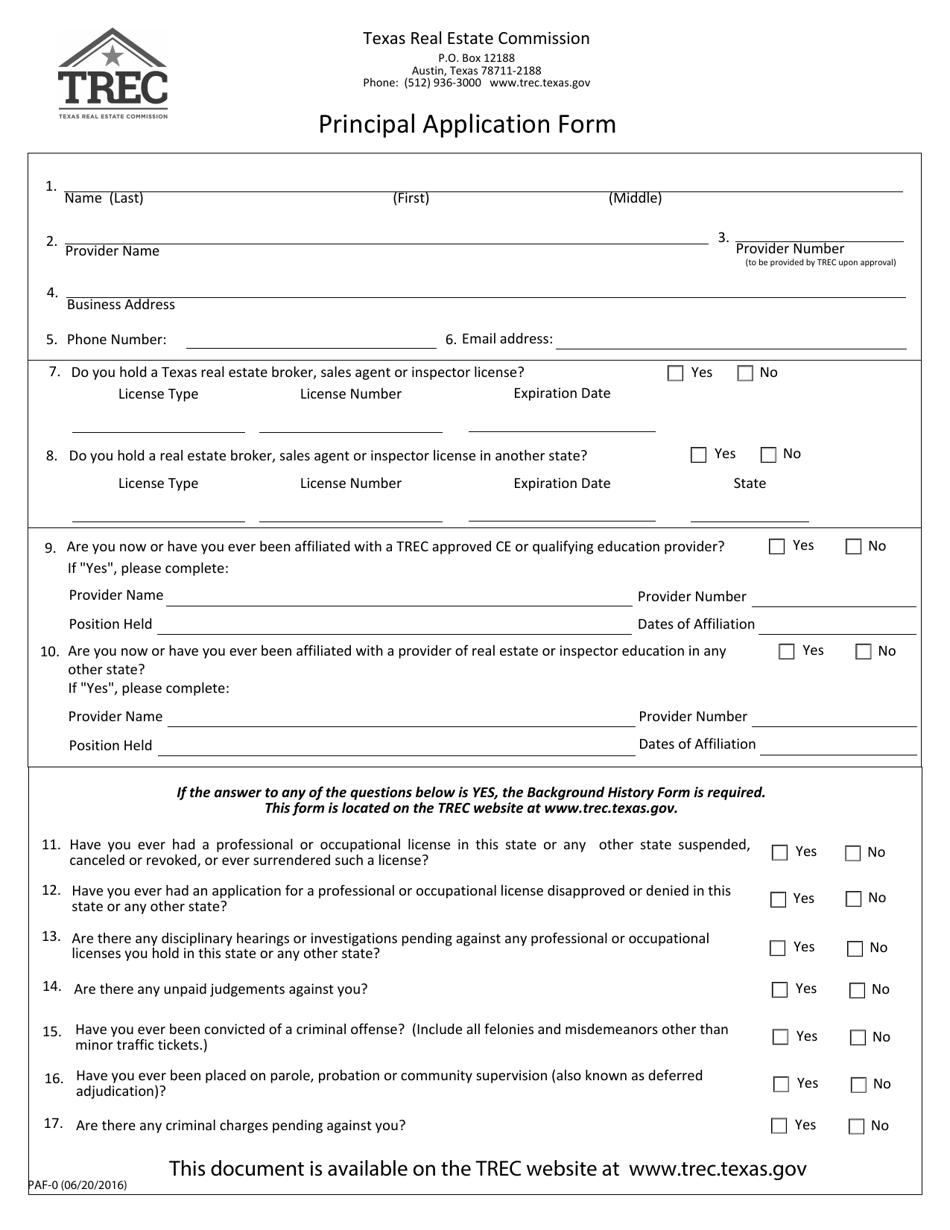 Form PAF 0 Download Fillable PDF Or Fill Online Principal Application 