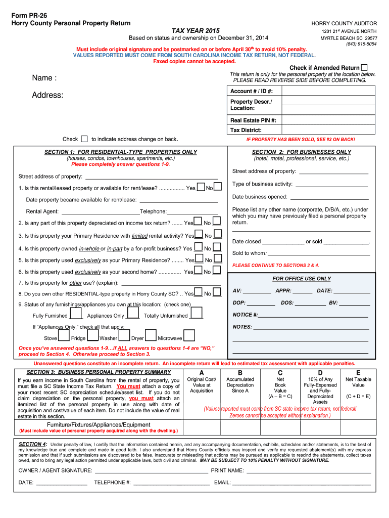 Form PR 26 Horry County Personal Property Return TAX Horrycounty 