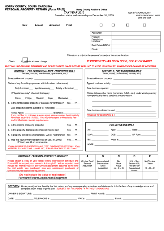 Form Pr 26 Personal Property Return 2010 Printable Pdf Download