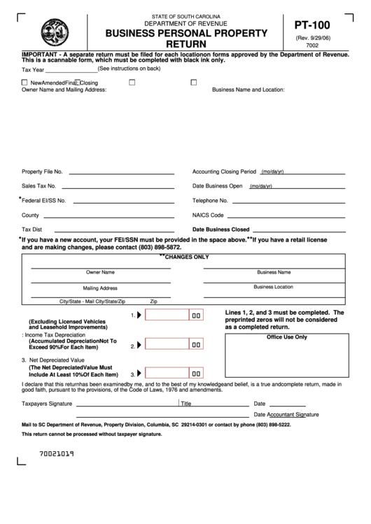 Form Pt 100 Business Personal Property Return Jasper County Sc 