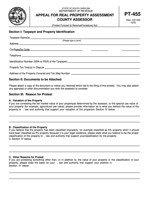Form Pt 455 Appeal For Real Property Assessment County Assessor 