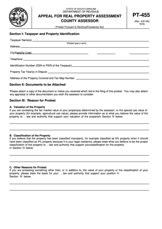 Form Pt 455 Appeal For Real Property Assessment County Assessor