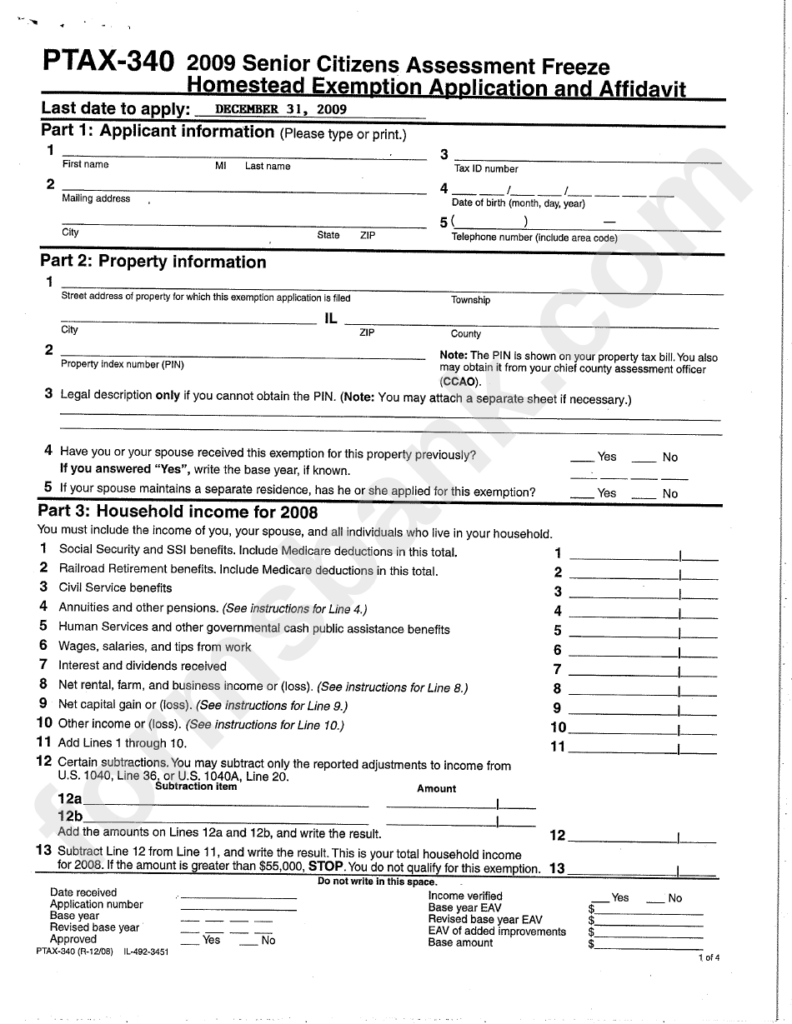 Form Ptax 340 Senior Citizens Assessment Freeze Homestead Exemption 