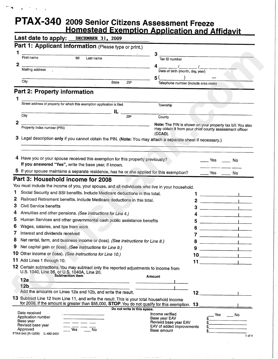 Form Ptax 340 Senior Citizens Assessment Freeze Homestead Exemption