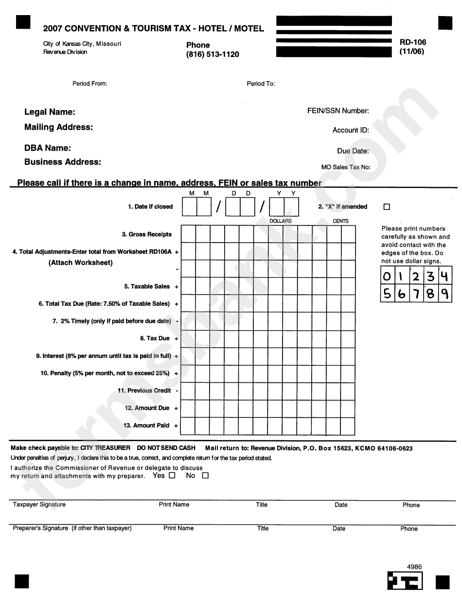 Form Rd 106 2007 Convention Tourist Tax Form Hotel motel Revenue 