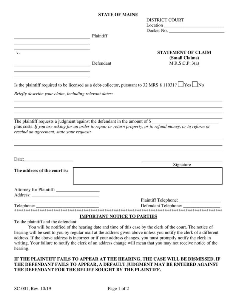 Form SC 001 Download Fillable PDF Or Fill Online Statement Of Claim 