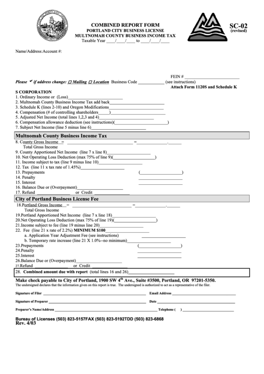Form Sc 02 Combined Report Form Multnomah County Business Income 