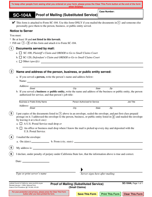 Form SC 104A Download Fillable PDF Or Fill Online Proof Of Mailing 