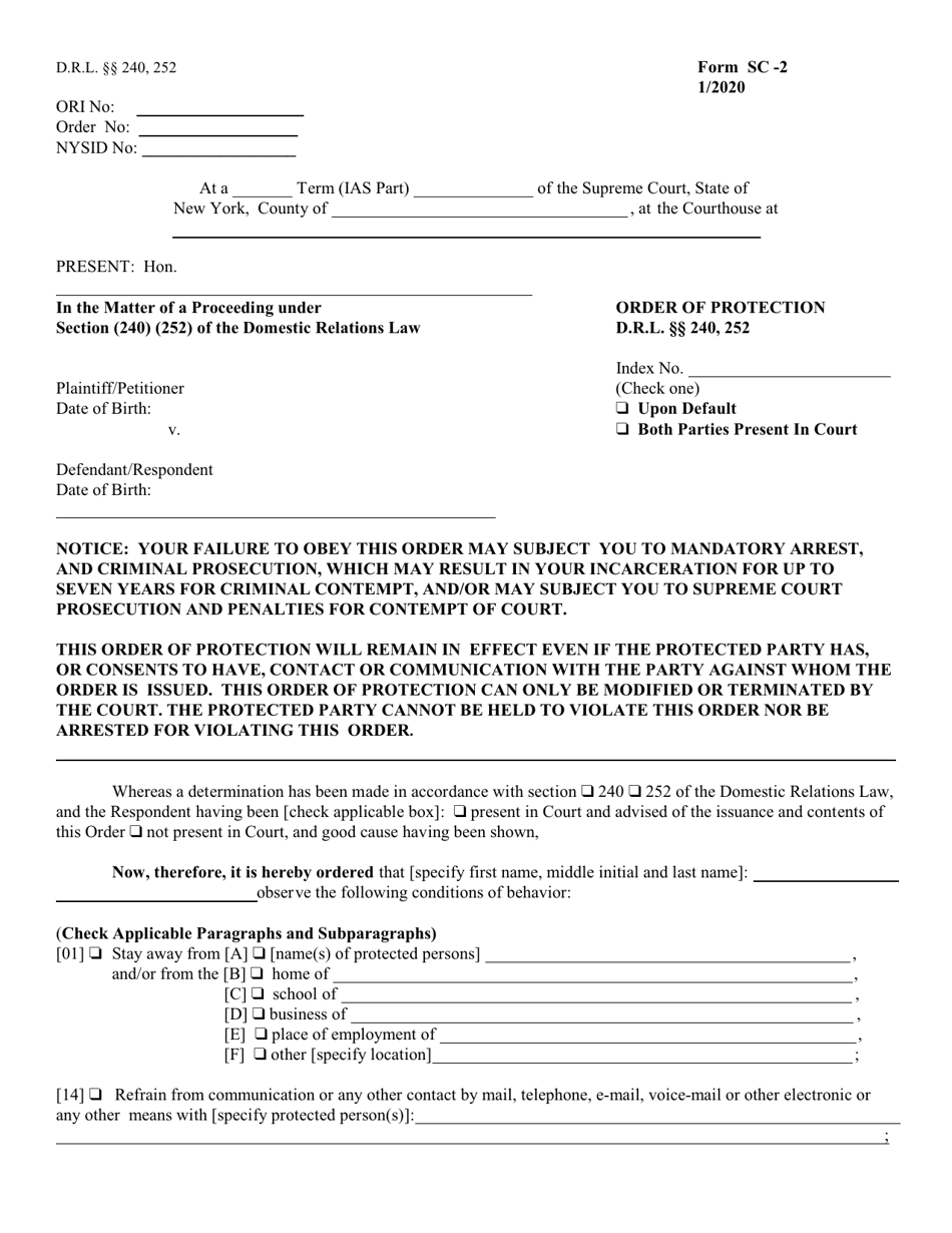 Form SC 2 Download Printable PDF Or Fill Online Order Of Protection New 