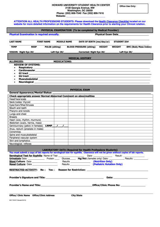 Form Shc 7 05 07 Howard Physical Examination Form Printable Pdf Download