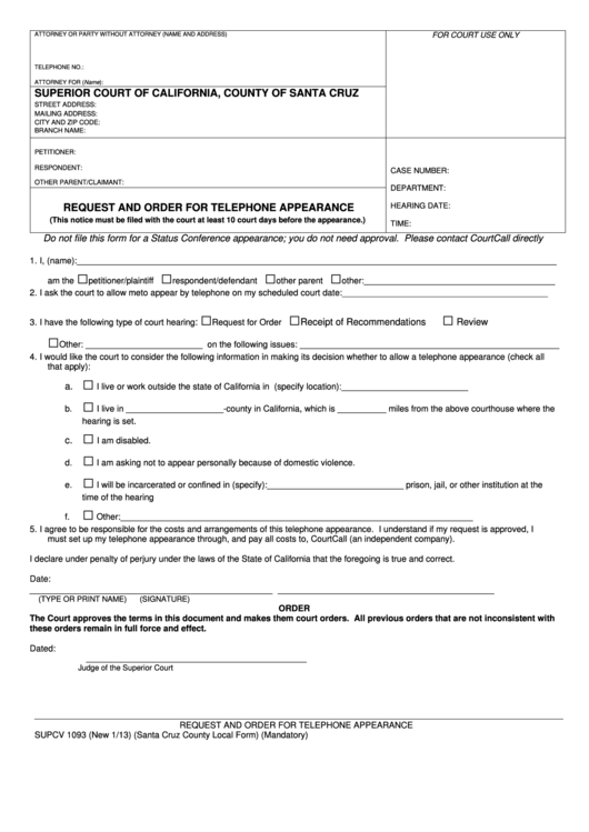 Form Supcv 1093 Request And Order For Telephone Appearance Superior 