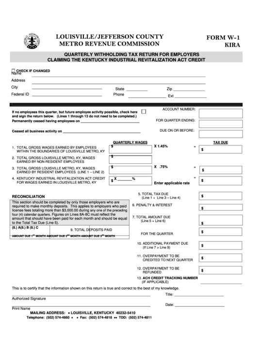 Form W 1 Kira Quarterly Withholding Tax Return For Employers Claiming