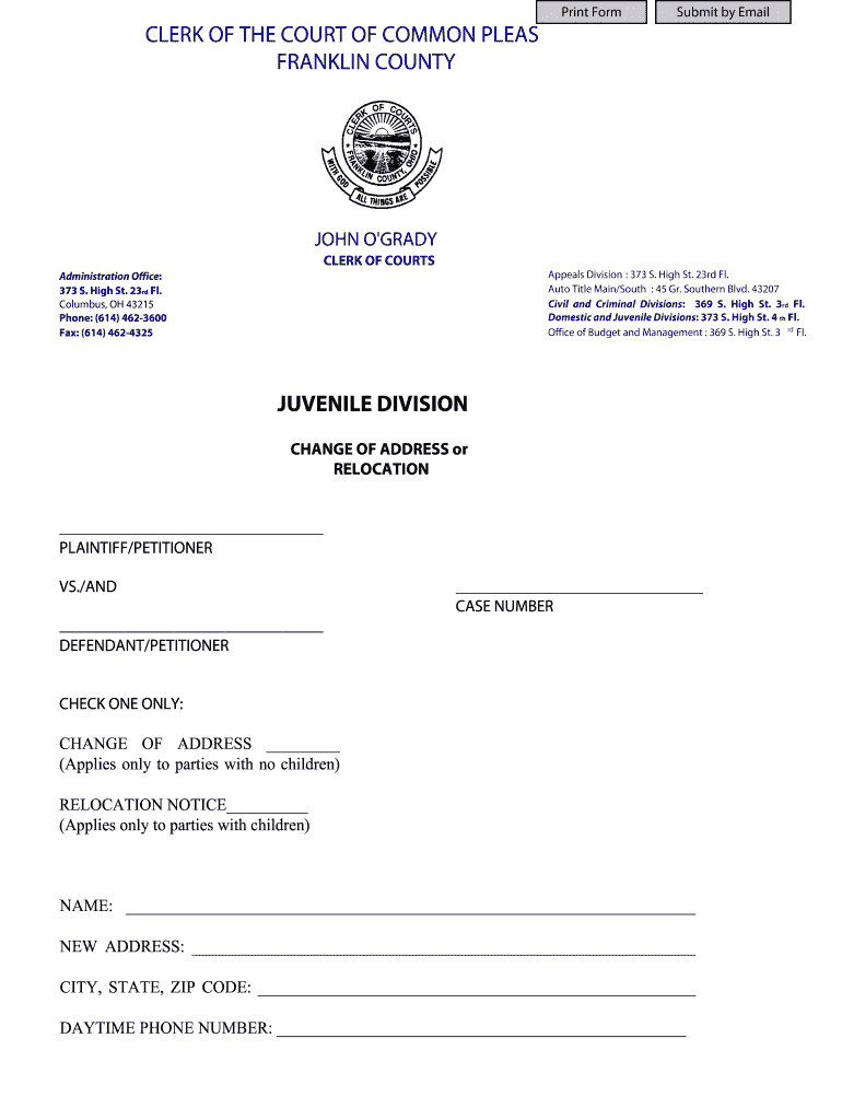 Franklin County Relocation Notice Juvenile Court Form Fill Out And