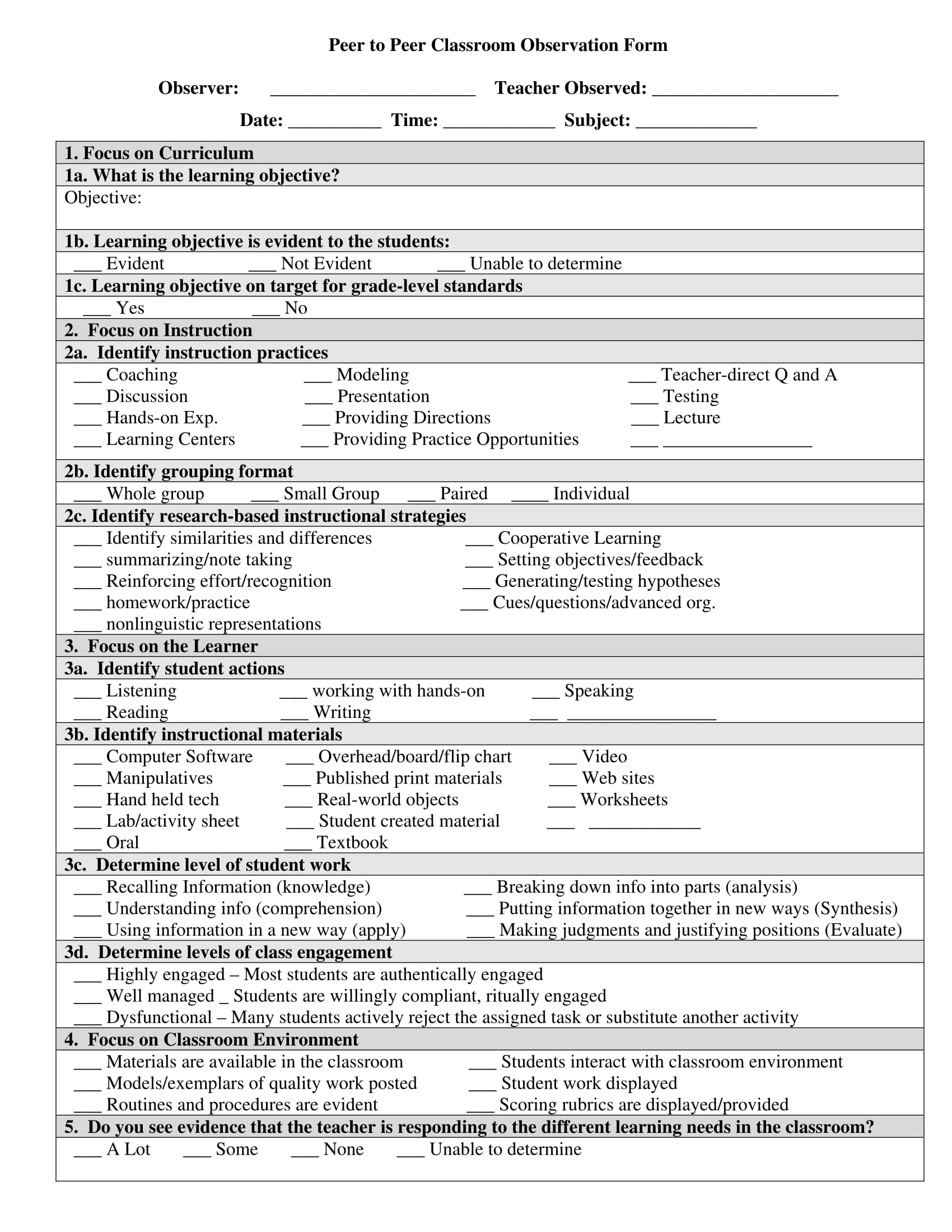 FREE 5 Classroom Observation Forms In PDF MS Word Excel