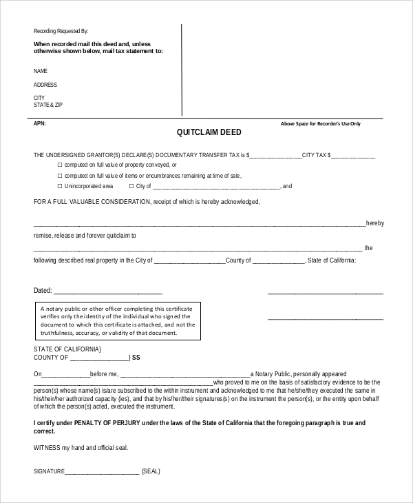 FREE 9 Sample Quick Claim Deed Templates In PDF MS Word