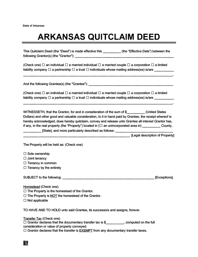 Free Arkansas Quitclaim Deed Form How To Write Guide