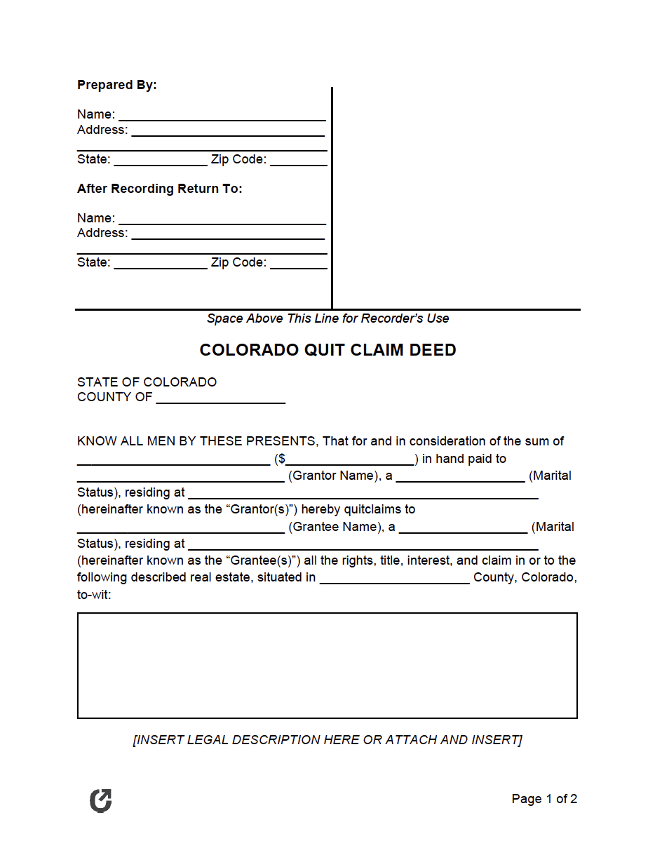 Free Colorado Quit Claim Deed Form PDF WORD RTF