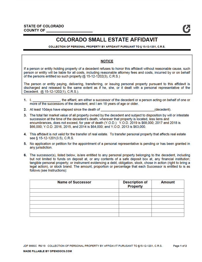 Free Colorado Small Estate Affidavit Form JDF 999SC PDF WORD