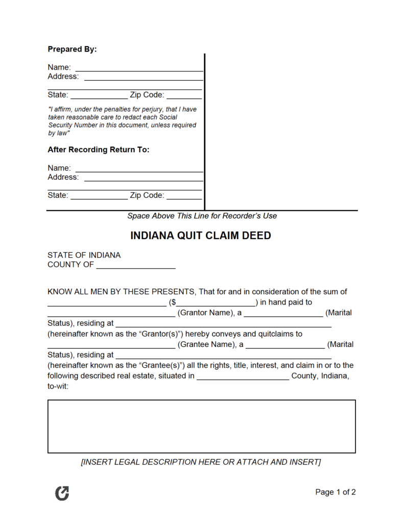 Free Indiana Quit Claim Deed PDF WORD RTF