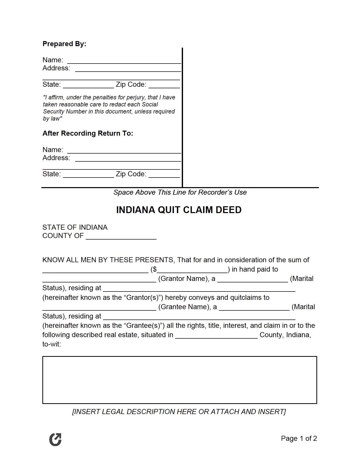 Free Indiana Quit Claim Deed PDF WORD RTF