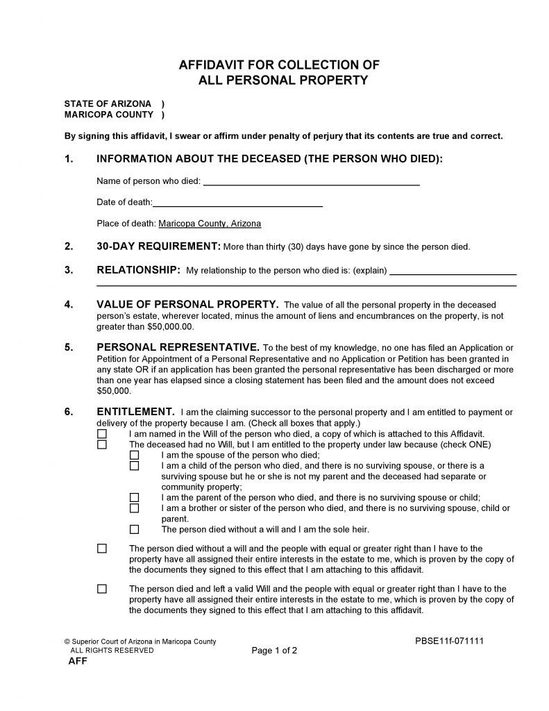 Free Maricopa County Arizona Small Estate Affidavit Form PDF Word